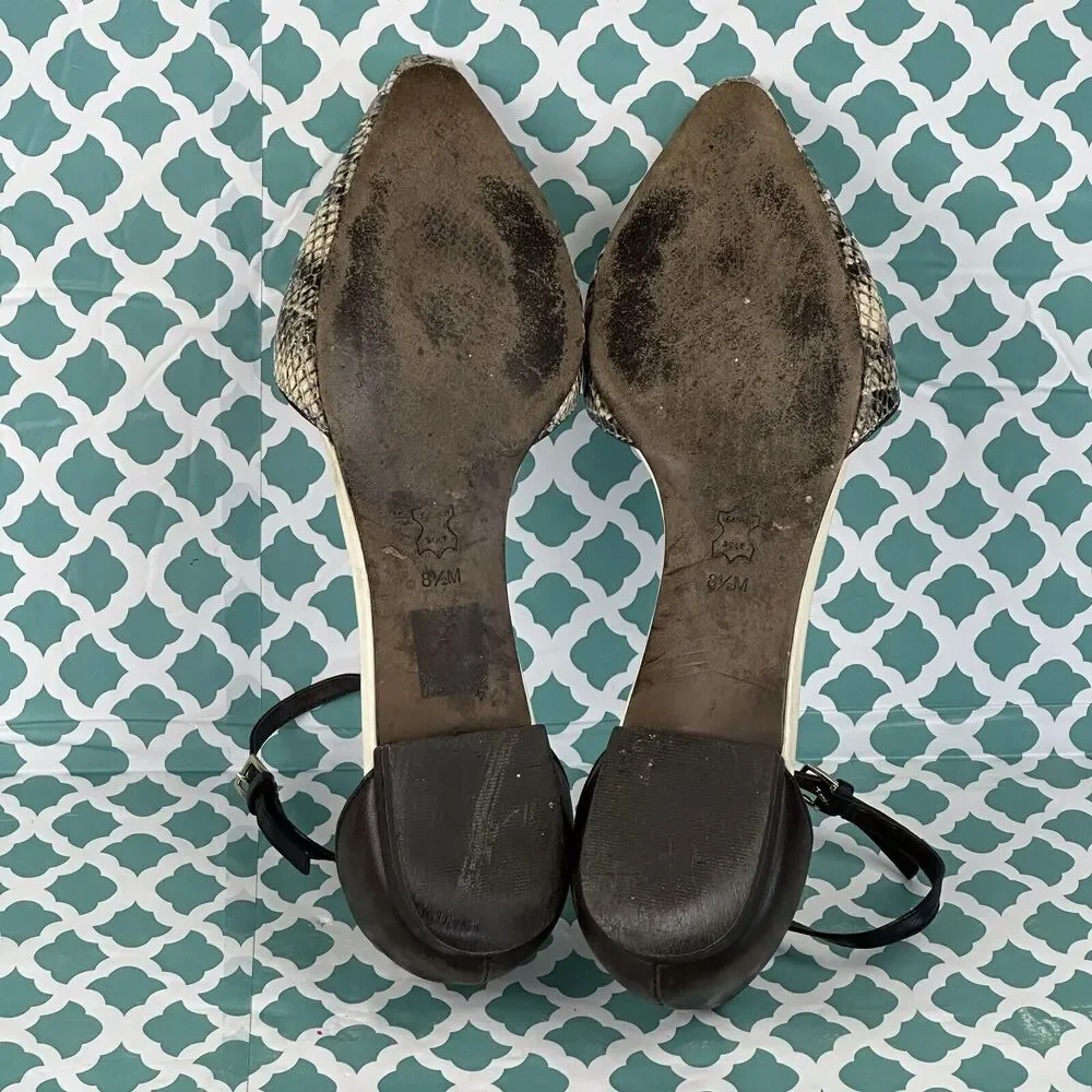 Tory‎ Burch Women’s V-Cut Ankle Strap Pointy Toe Flats Snake Skin Size 8.5